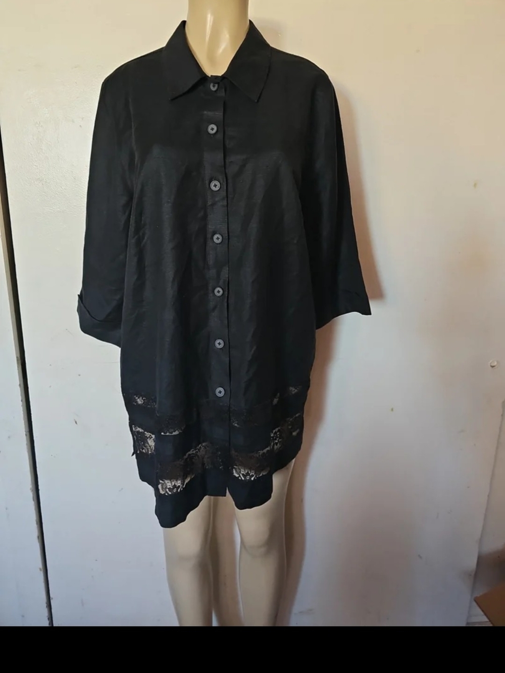 Larry Levine Black Lace-Trim Button Front Sleep Shirt